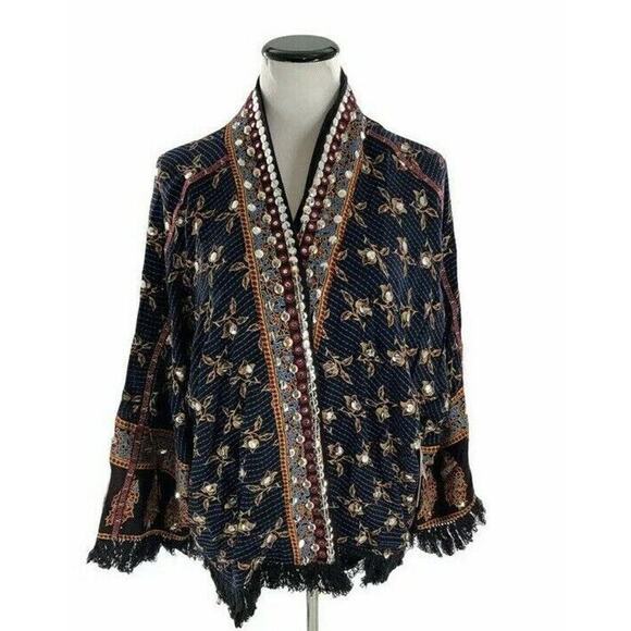 Free People Womens Rays Of Light Embellished Fringe Hem Trim Floral Jacket Large - Picture 2 of 9